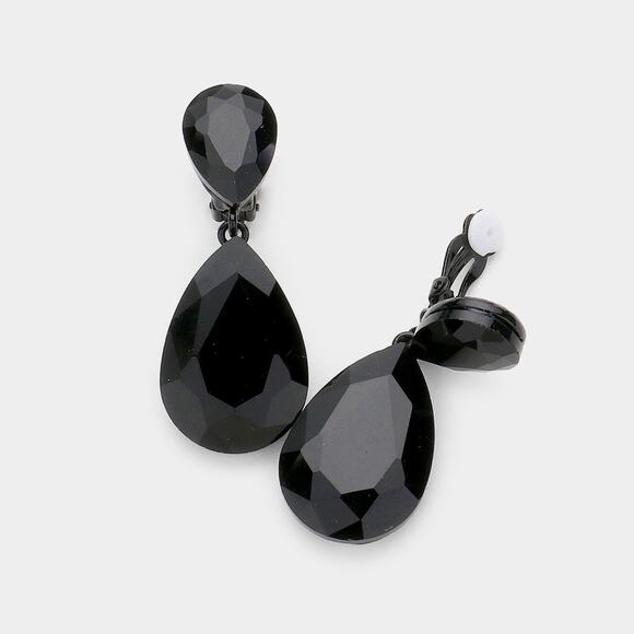 Clip on 1 3/4" black stone double teardrop earrings - Picture 1 of 4